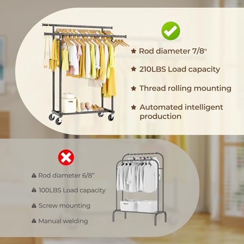 Double Rod Rolling Clothing Rack with Wheels and Bottom Shelf