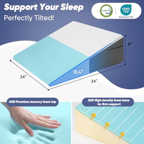 Bed Wedge Pillow for Sleeping - 8 Inch Incline Memory Foam