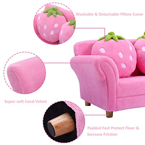 Kids Double Sofa with Strawberry Pillows - Pink Toddler Loveseat