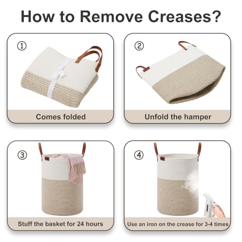 100L Tall Woven Cotton Rope Laundry Hamper with Leather Handles