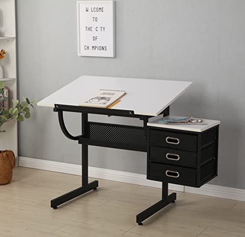 Adjustable Drafting Table with Stool and 3 Drawers, Tilting Art Desk
