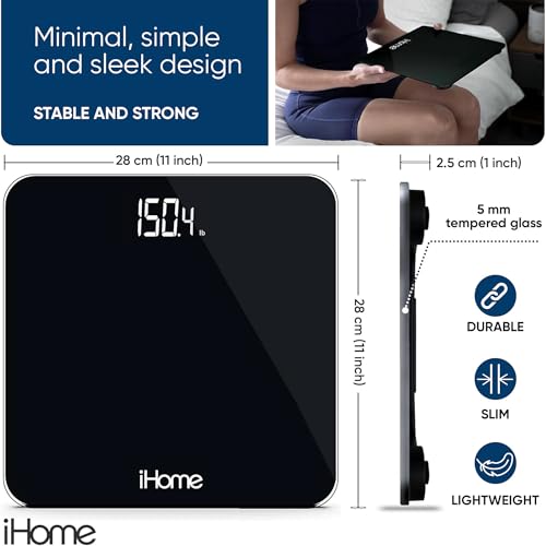 Digital Bathroom Scale for Body Weight - 400 lbs Capacity, Black Tempered Glass