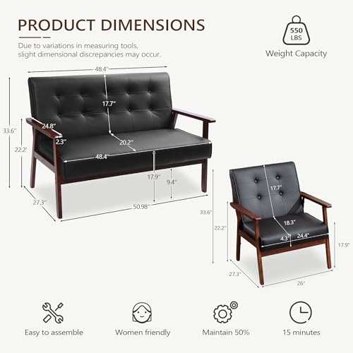 3-Piece Mid-Century Modern Living Room Furniture Set, Loveseat and 2 Chairs