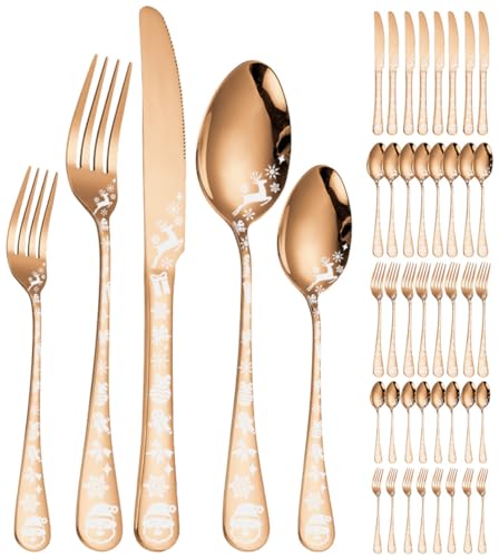 XIAOYU Rose Gold Christmas Silverware Set for 8 - Festive Flatware with Snowflake Santa Elk Patterns, 40 Pcs