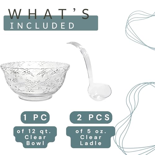 3-Gallon Plastic Punch Bowl with 2 Ladles - Embossed Clear Party Serveware
