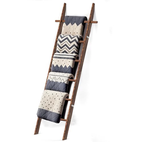 6-Tier Wooden Blanket Ladder with Hooks - Rustic Farmhouse Towel Rack