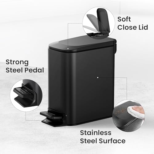 Cesun Small Bathroom Trash Can with Lid 1.6 Gal Matte Black Slim Step Bin