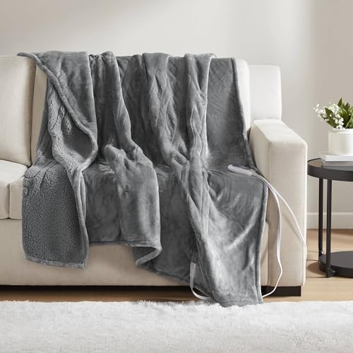 Reversible Heated Throw Blanket, Plush and Sherpa, 60 x 70 Inches, Grey