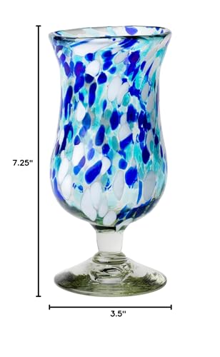 Bahia Hurricane Glass Set of 6 - Handblown Mexican Recycled Glassware with Blue & White Confetti