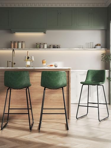 26-Inch Counter Height Bar Stools, Set of 3, Green Faux Leather with Backrest