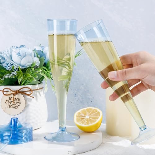 WDF 36 Pack Clear Blue Plastic Champagne Flutes 7oz Disposable Party Glasses