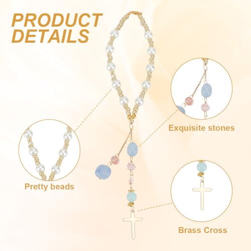 Natural Jade Cross Car Hanging Ornament with Pearl and Glass Beads