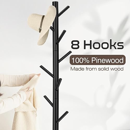 Freestanding Wooden Coat Rack Tree with 8 Hooks & Adjustable Height