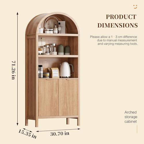 71-Inch Arched Kitchen Pantry Cabinet with Adjustable Shelves and Fluted Doors