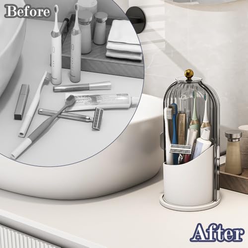 Rotating Toothbrush Holder with Dustproof Cover - 3 Slot Bathroom Organizer