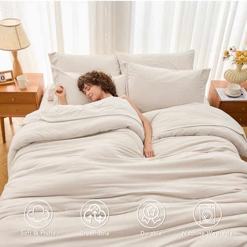 7-Piece Queen Comforter Set - Soft All-Season Bed in a Bag, Beige