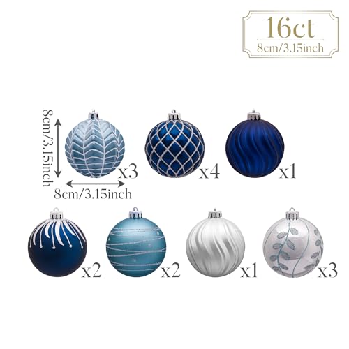 Valery Madelyn Large Winter Silver Blue Christmas Tree Ornaments 16pcs 3.15 Inch