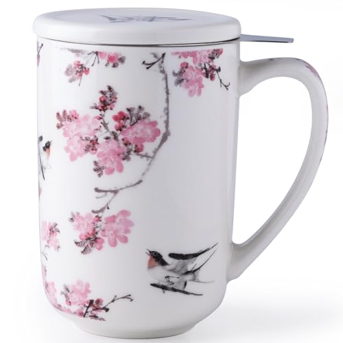AmorArc Peach Blossom Tea Cup with Infuser & Lid, 18oz Loose Leaf Mug