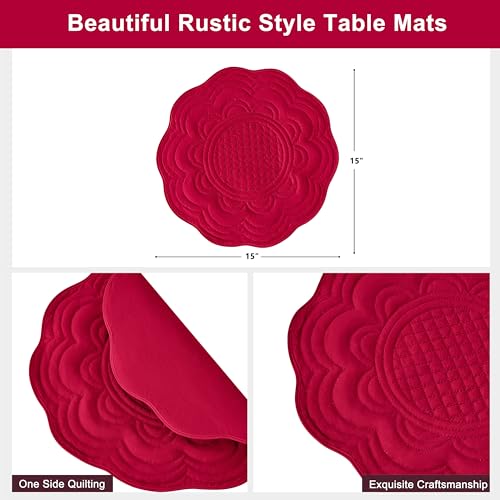 Loom and Mill Christmas Red Quilted Round Placemats Set of 6, 15-inch