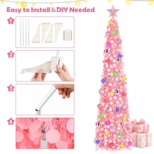 Pink 5ft Collapsible Christmas Tree with Lights, 30 Ornaments & Star Topper - Holiday Decor