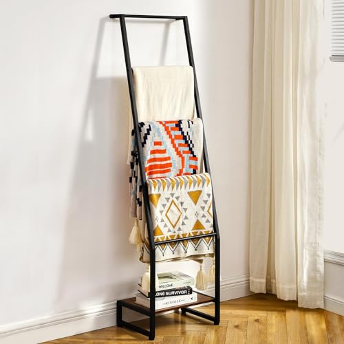 5-Tier Blanket Ladder Shelf, Rustic Wood and Metal Towel Rack for Living Room