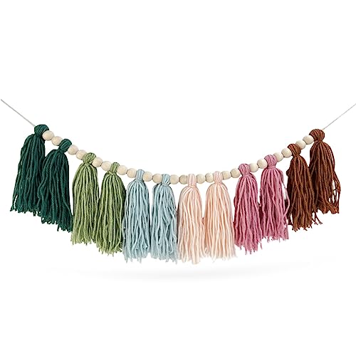 Boho Rainbow Tassel Garland with Wood Beads for Nursery and Home Decor