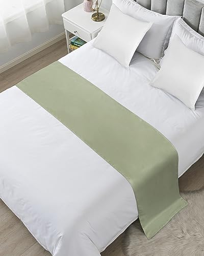 Sage Green Satin Bed Runner for King Bed - Decorative Scarf 94 x 20 Inch