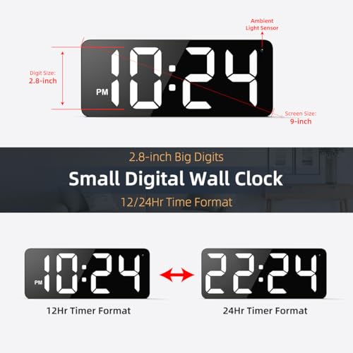 LED Digital Wall Clock with Large Display - Auto-Dimming Plug-In Clock, White