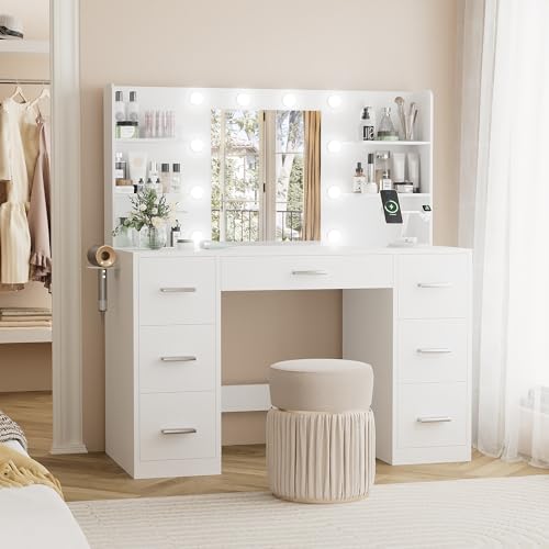 Vanity Desk with Lighted Mirror, 7 Drawers, and Power Outlet - White