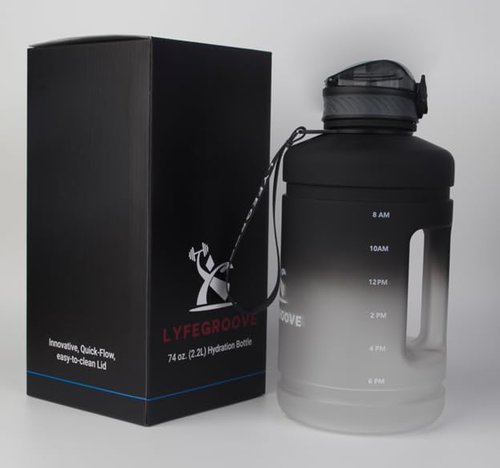 LyfeGroove 74 oz (2.2L) BPA-Free Tritan Water Bottle with Dual Direction Lid, Form Fitting Handle and Carrying Strap