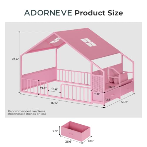 Montessori House Floor Bed with Reading Nook, Storage Drawers & Guardrails