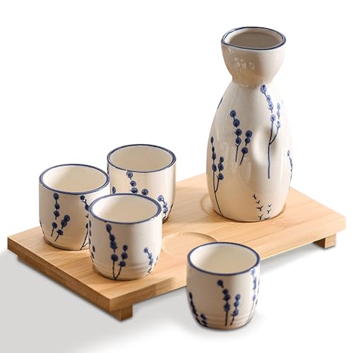 Ceramic Sake Set for 4 - Japanese Porcelain Sake Carafe & Cups - Gift Ready