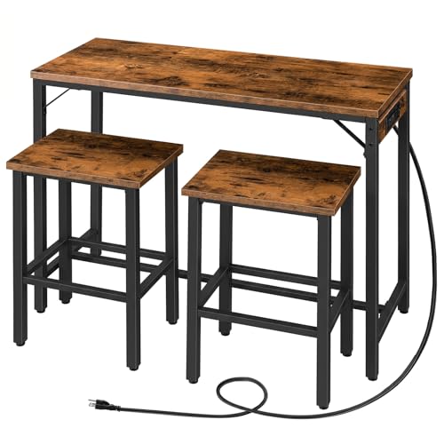 3-Piece Industrial Bar Table Set with Power Outlets and 2 Stools