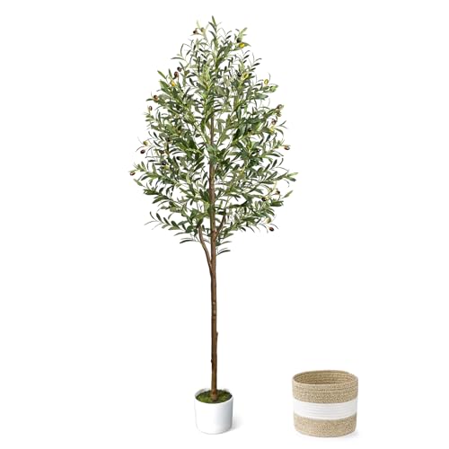 6ft Artificial Olive Tree with Planter & Woven Basket - Faux Silk Plant