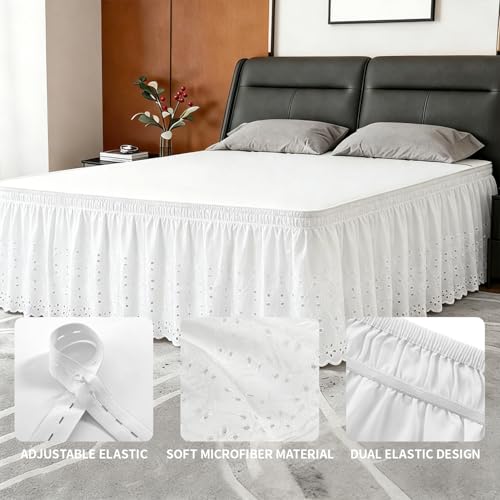 Queen Wrap-Around Elastic Bed Skirt - 18" Drop White Eyelet Dust Ruffle