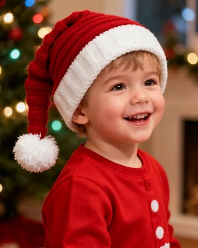 Baby Christmas Knit Santa Hat Kids Beanie for Infants Toddlers 0-5 Years Red