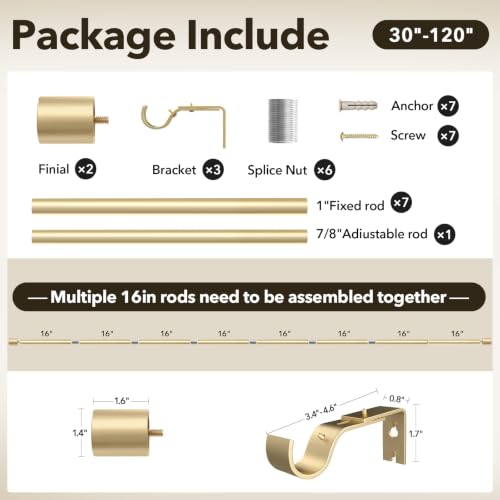 Heavy Duty Gold Curtain Rod 1 Inch Adjustable Window Drapery Rod (66"-120")