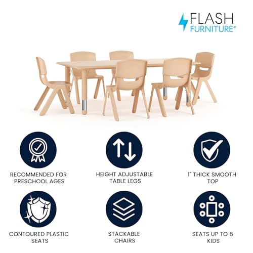 Kids Activity Table Set with 6 Chairs - Natural Finish, Adjustable Height