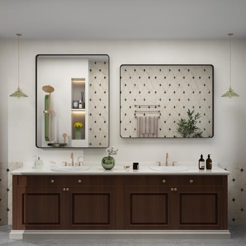 28x32 Inch Black Metal Framed Wall Mirror, Shatterproof Bathroom Mirror