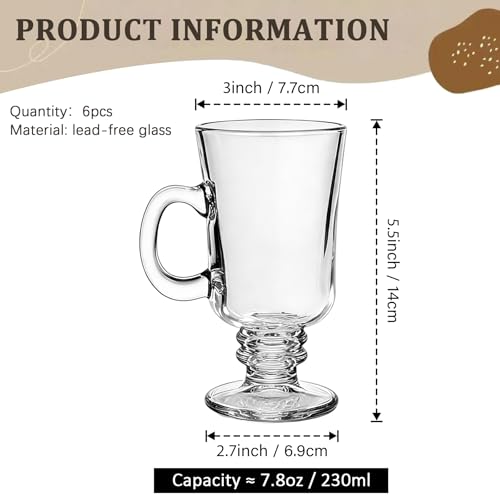 Vitrignis 8oz Irish Coffee Mugs Set of 6 - Clear Glass Handles & High Base