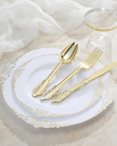 Goodluck 350-Piece Gold Trim Plastic Dinnerware Set for 50 Guests – Plates, Cutlery, Napkins, Cups