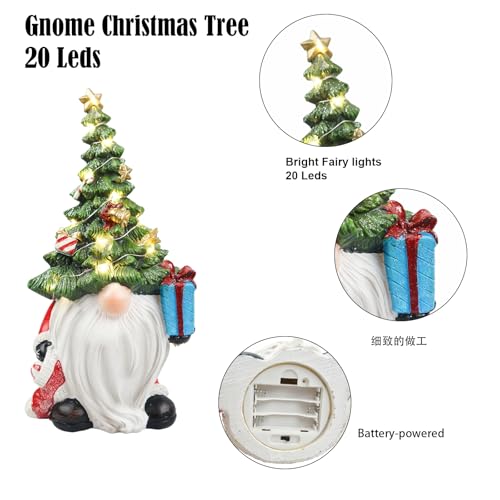 11-Inch Lighted Christmas Tree Gnome Figurine - LED Resin Holiday Table Decor