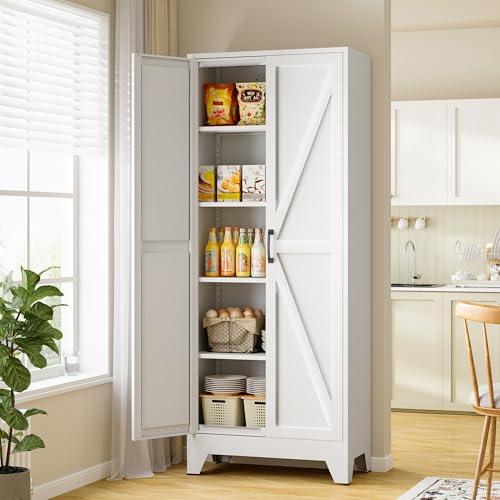 75" Farmhouse Metal Pantry Cabinet with Barn Doors and Adjustable Shelves