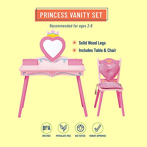 Kids Wooden Vanity and Chair Set with Mirror and Jewelry Storage - Pink