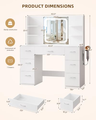 43-Inch White Makeup Vanity Desk with LED Mirror & Charging Station