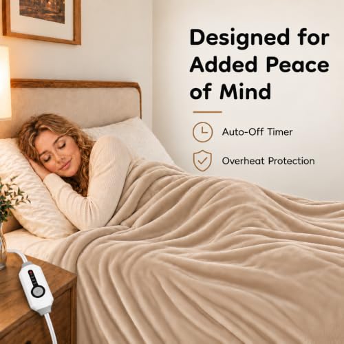 LaffyLo Twin Size Electric Heated Blanket 62x84 Light Brown Ultra Soft Flannel with 4 Heat Settings & Auto Shutoff