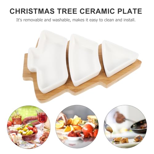 Christmas Tree Ceramic Serving Platter with Bamboo Stand - Holiday Tray