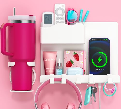 Adhesive Bedside Wall Shelf with Cup Holder and Hooks for Dorm Room