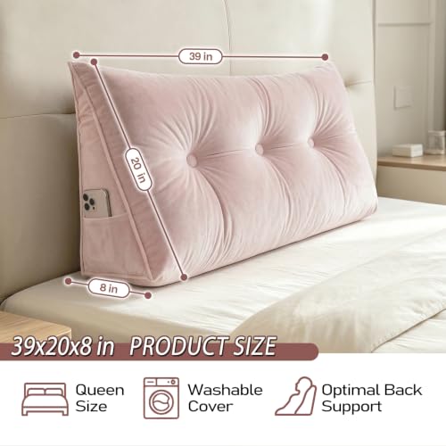 Wedge Headboard Pillow for Back Support with Removable Velvet Cover