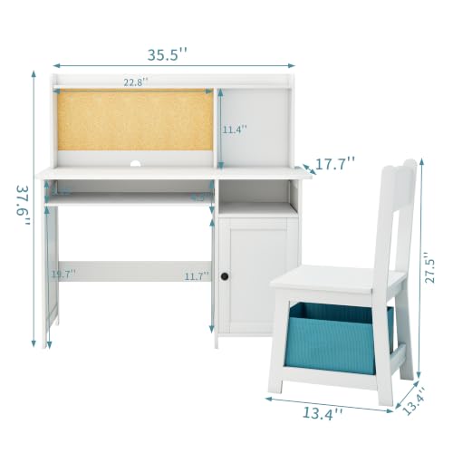Kids Desk and Chair Set with Storage, Cork Board & Drawer - White Wooden